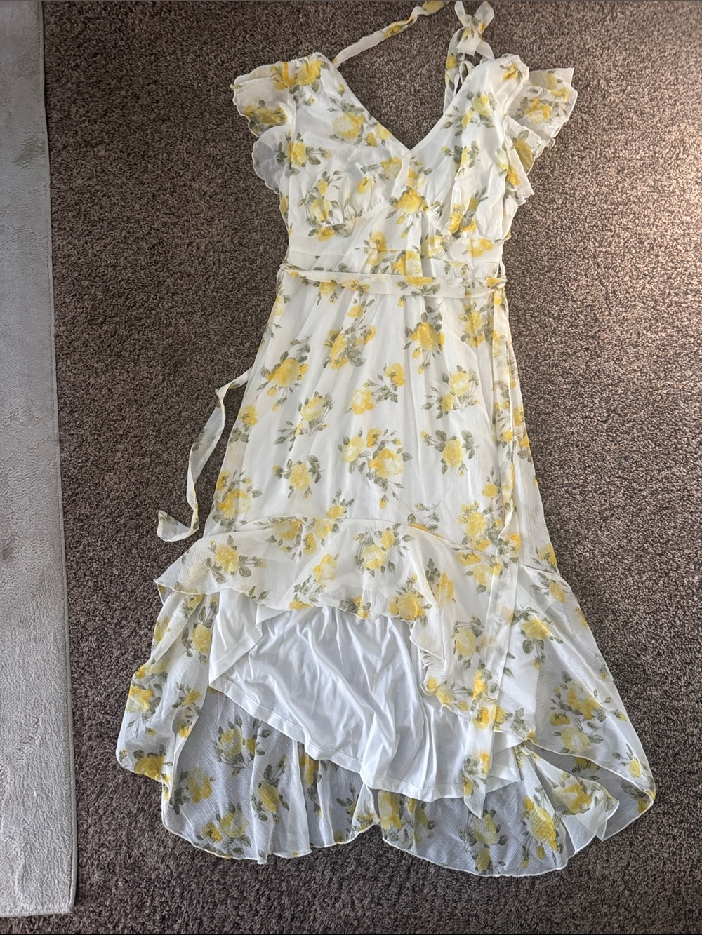 Blush White Dress with Yellow Floral Print — High-Low Wrap